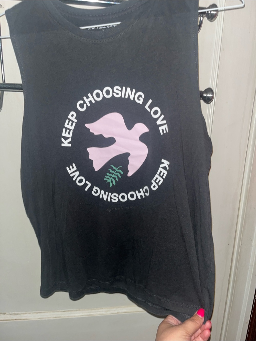 Black Graphic Muscle Tank with Pink Dove